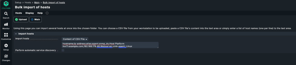 Checkmk bulk import of hosts dialog with the Host Platform tag added to the CSV header line