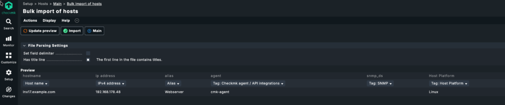 Checkmk bulk import preview confirming the Host Platform column resolved to a tag with value Linux
