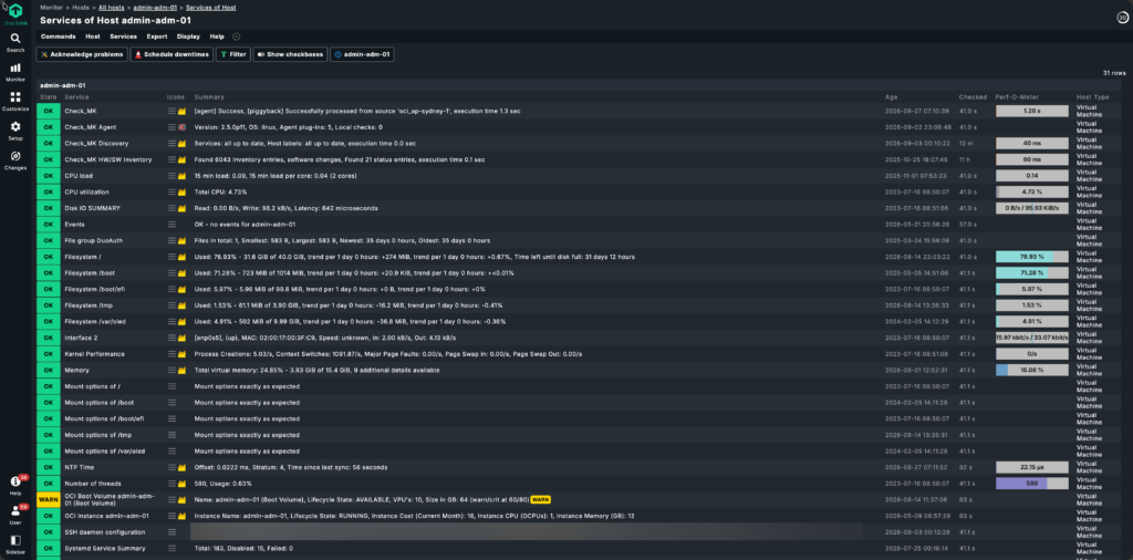 An OCI compute instance as a Checkmk host - the OCI services sit alongside the agent's OS services.